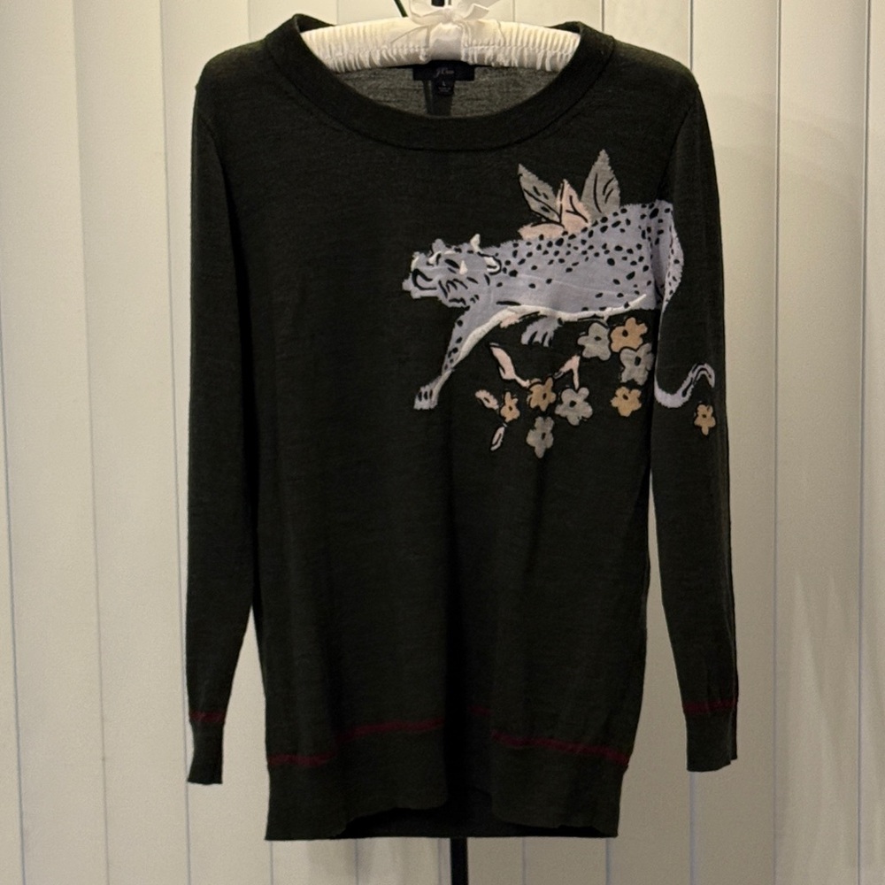 J. Crew Dark Green Tippi Merano Wool Sweater with Leopard Jungle Floral Size L